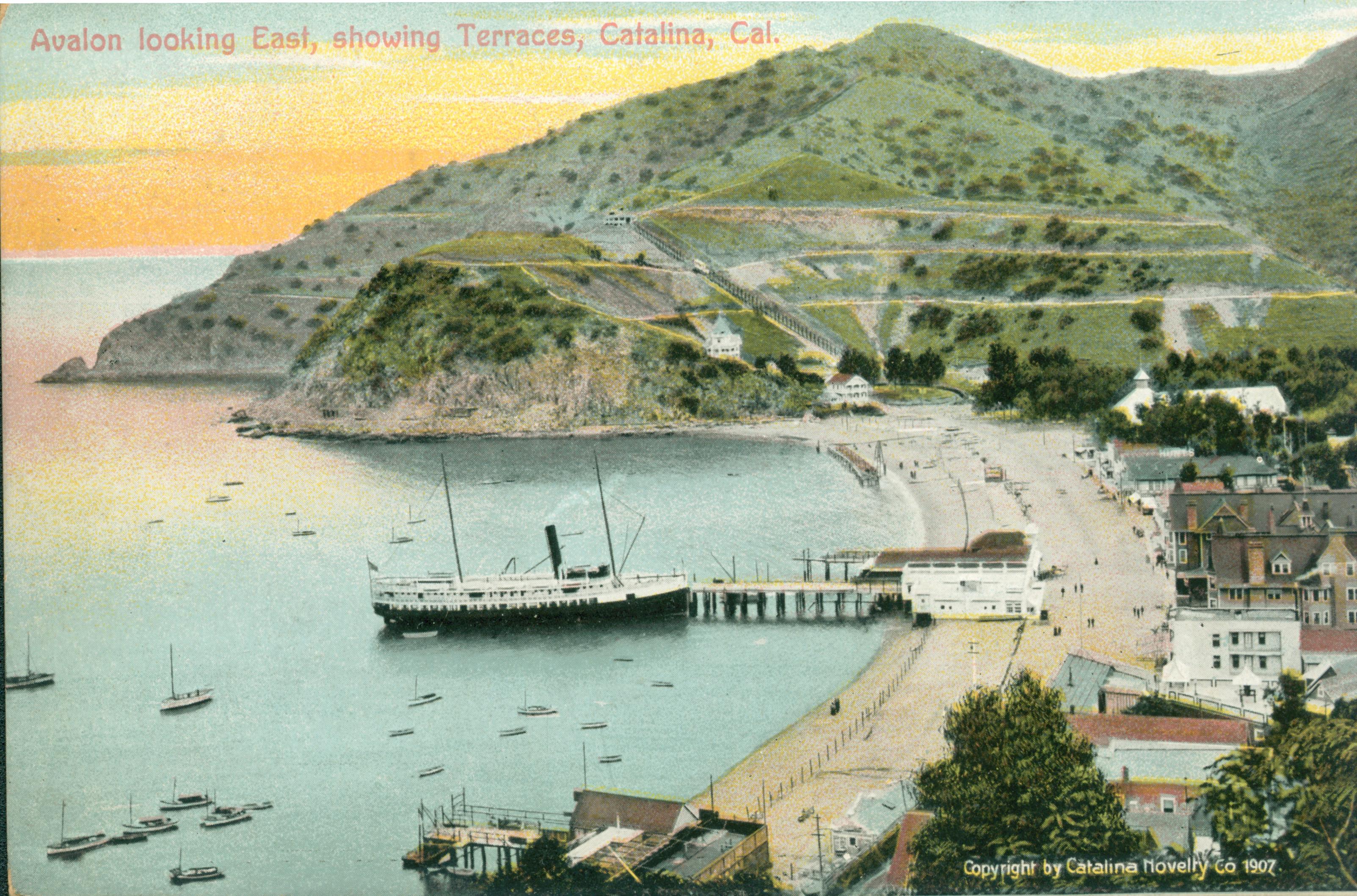 This postcard shows a bird's eye view of the harbor on Catalina Island
